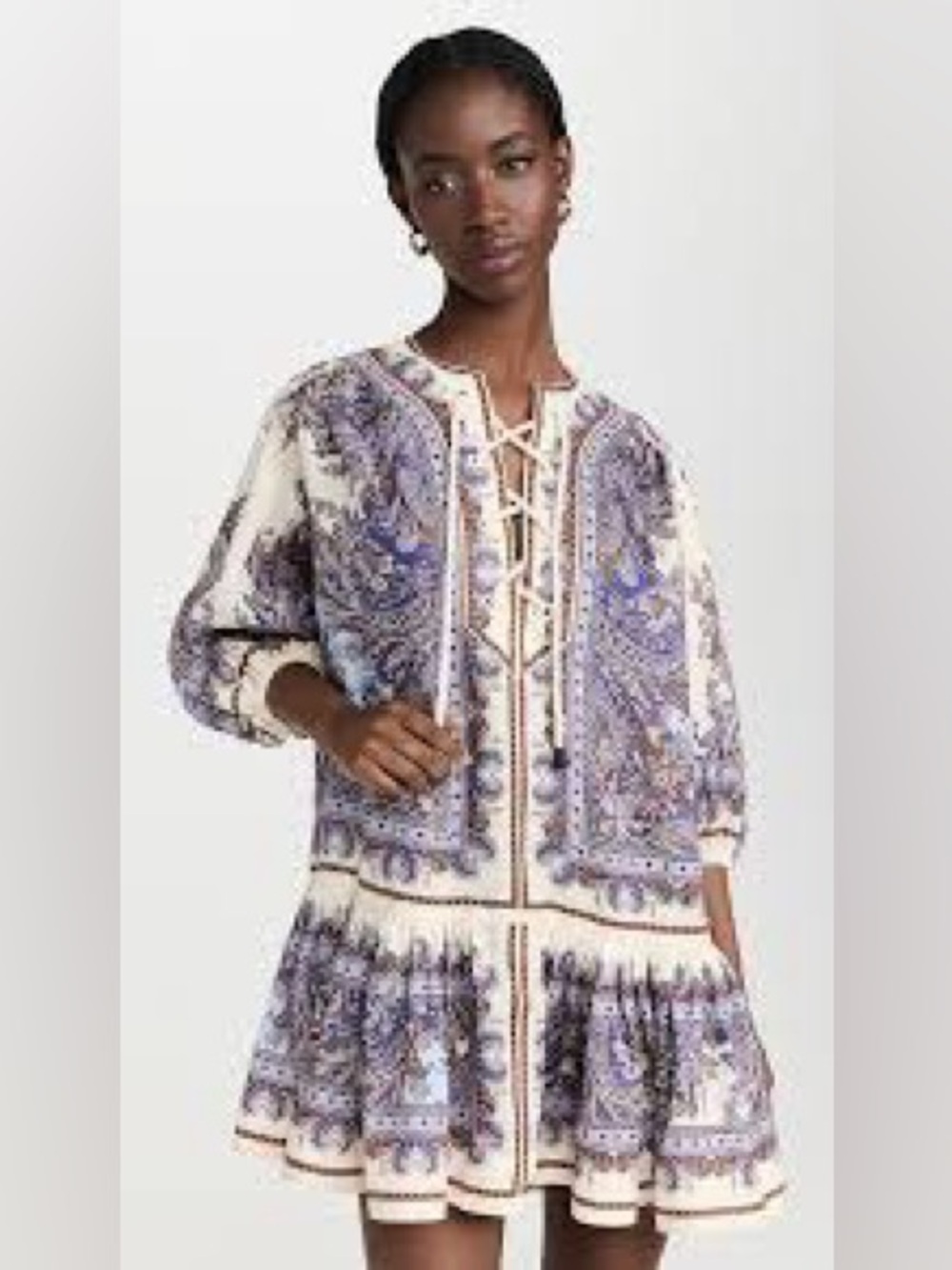 NWT House of Harlow 1960 Linen Paisley Boho Lace Up Peasant Mini Dress